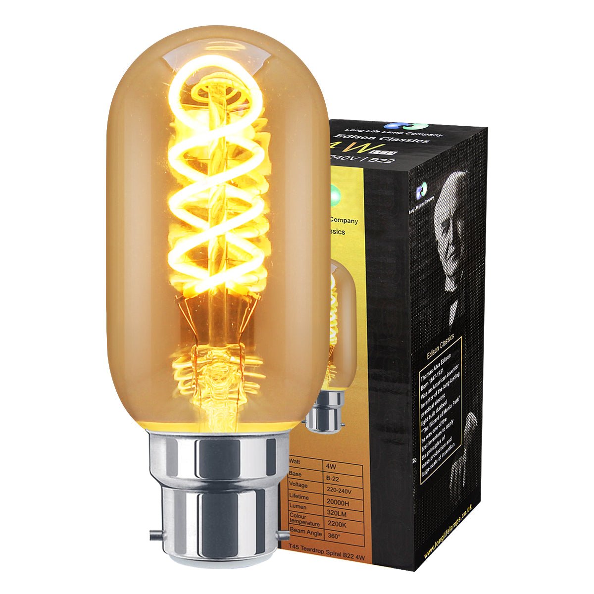 4w LED Vintage Spiral Filament Bulb Smoked Gold Glass B22 Teardrop T45 - Energy Light Bulbs - Free delivery on all orders