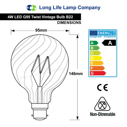 4w LED Vintage Twisted Globe Bulb Smoked Gold Glass B22 Bayonet G95 - Energy Light Bulbs - Free delivery on all orders