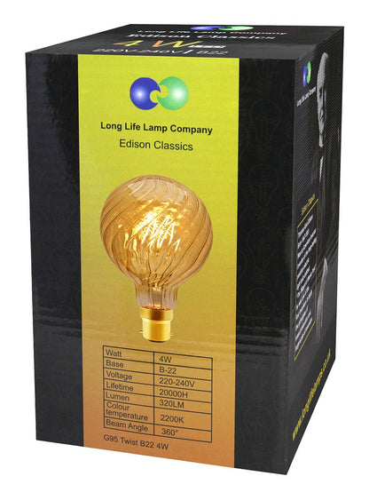 4w LED Vintage Twisted Globe Bulb Smoked Gold Glass B22 Bayonet G95 - Energy Light Bulbs - Free delivery on all orders