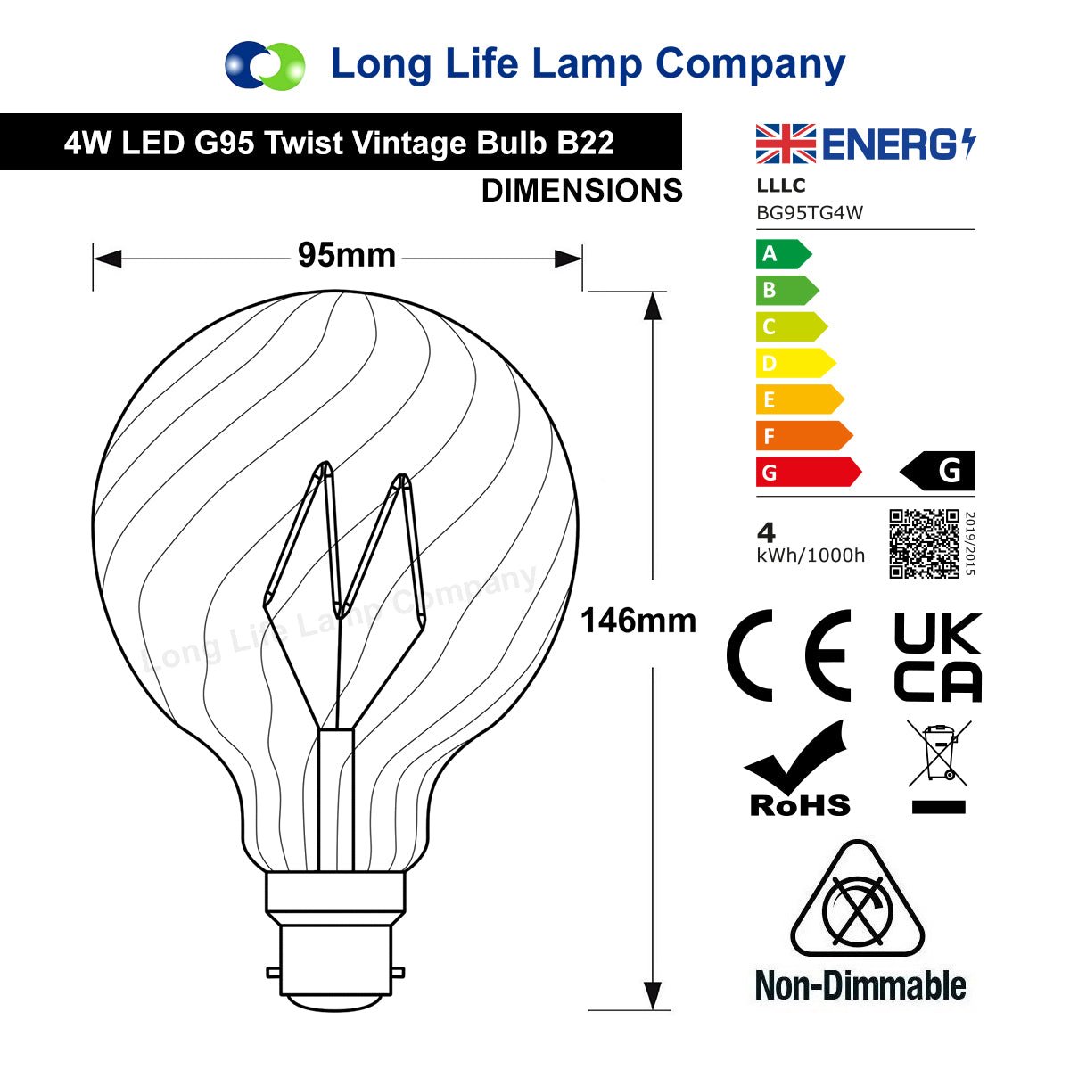 4w LED Vintage Twisted Globe Bulb Smoked Gold Glass B22 Bayonet G95 - Free delivery on all orders