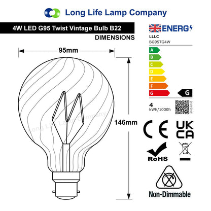 4w LED Vintage Twisted Globe Bulb Smoked Gold Glass B22 Bayonet G95 - Free delivery on all orders