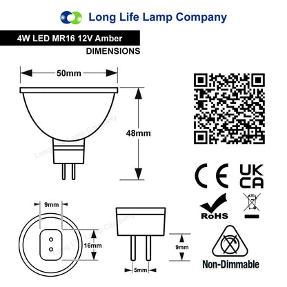 4W MR16 LED Amber Low Voltage Spot Light Bulb 12V - Energy Light Bulbs - Free delivery on all orders