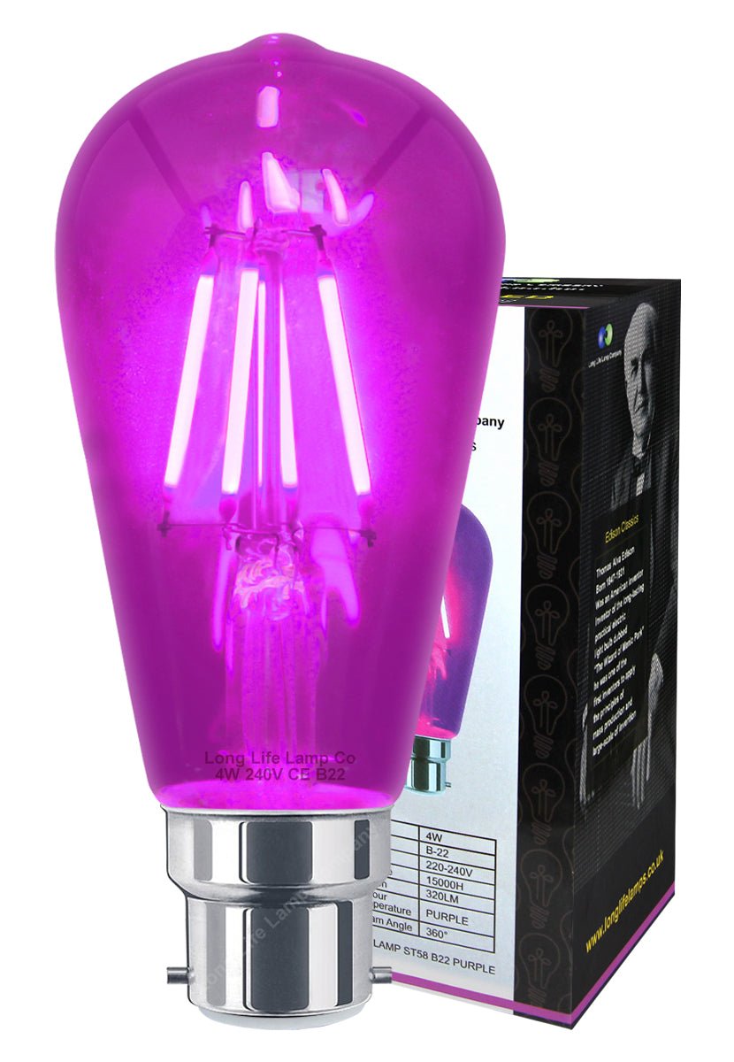 4w Purple LED Vintage Filament Light B22 Clear Glass ST58 Ambient Lighting - Energy Light Bulbs - Free delivery on all orders