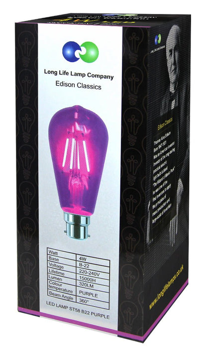 4w Purple LED Vintage Filament Light B22 Clear Glass ST58 Ambient Lighting - Energy Light Bulbs - Free delivery on all orders