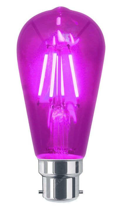 4w Purple LED Vintage Filament Light B22 Clear Glass ST58 Ambient Lighting - Energy Light Bulbs - Free delivery on all orders