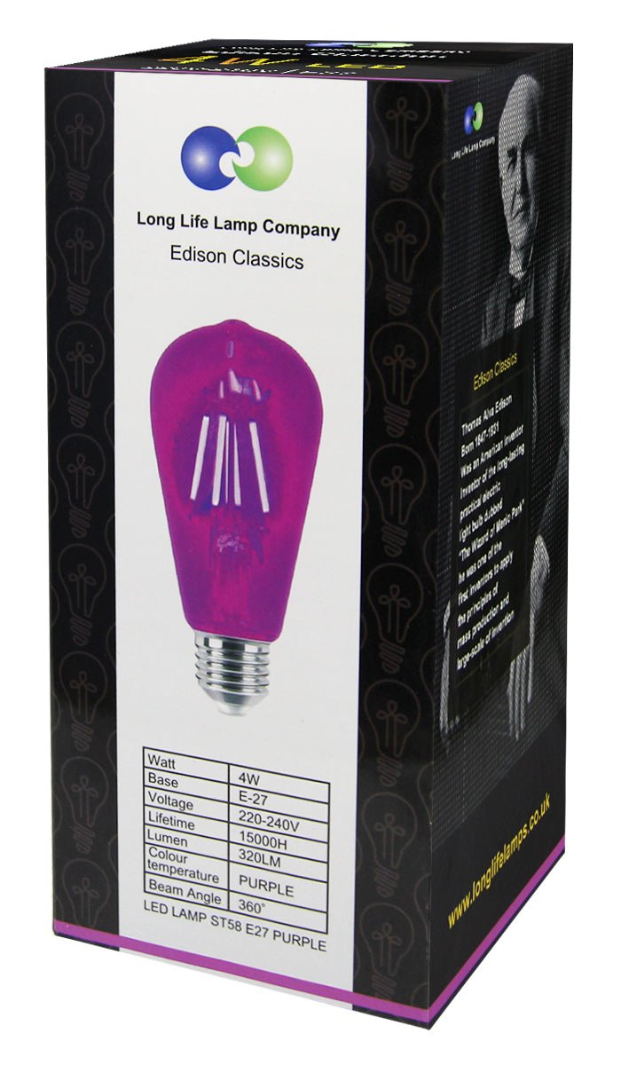 4w Purple LED Vintage Filament Light Bulb E27 Clear Glass ST58 Ambient Lighting - Energy Light Bulbs - Free delivery on all orders