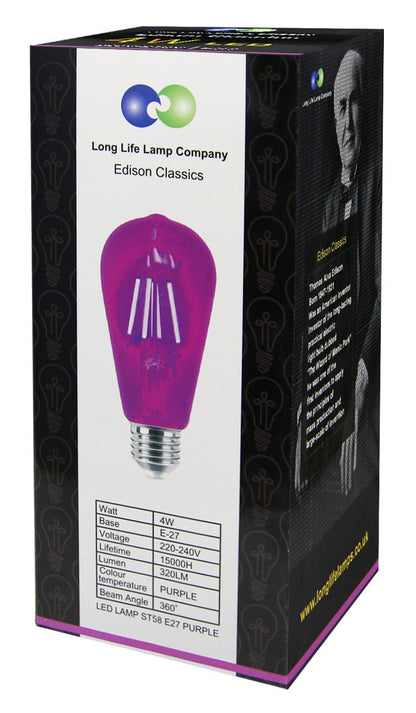 4w Purple LED Vintage Filament Light Bulb E27 Clear Glass ST58 Ambient Lighting - Energy Light Bulbs - Free delivery on all orders