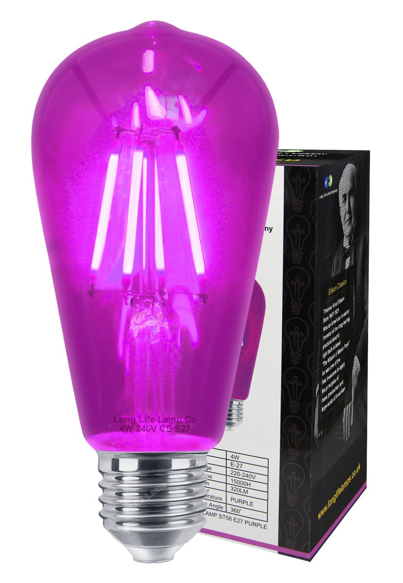 4w Purple LED Vintage Filament Light Bulb E27 Clear Glass ST58 Ambient Lighting - Energy Light Bulbs - Free delivery on all orders
