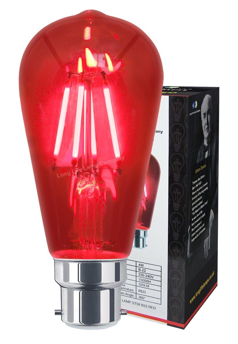 4w Red LED Vintage Filament Light Bulb B22 Clear Glass ST58 Ambient Lighting - Energy Light Bulbs - Free delivery on all orders