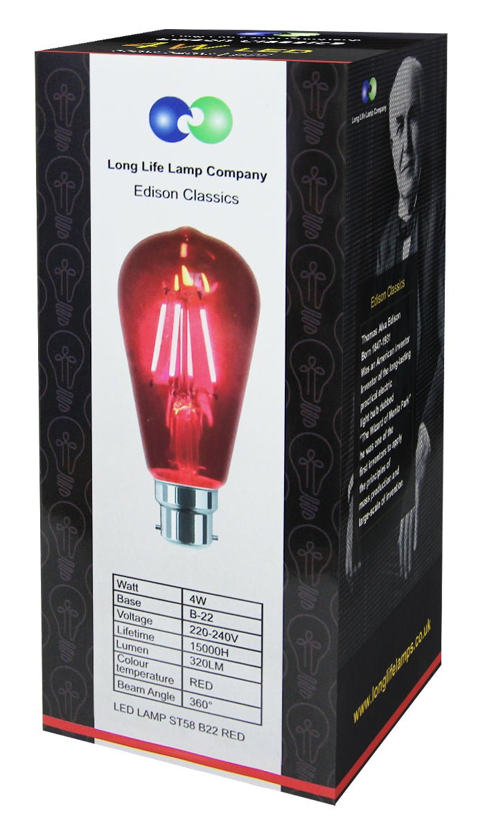 4w Red LED Vintage Filament Light Bulb B22 Clear Glass ST58 Ambient Lighting - Energy Light Bulbs - Free delivery on all orders