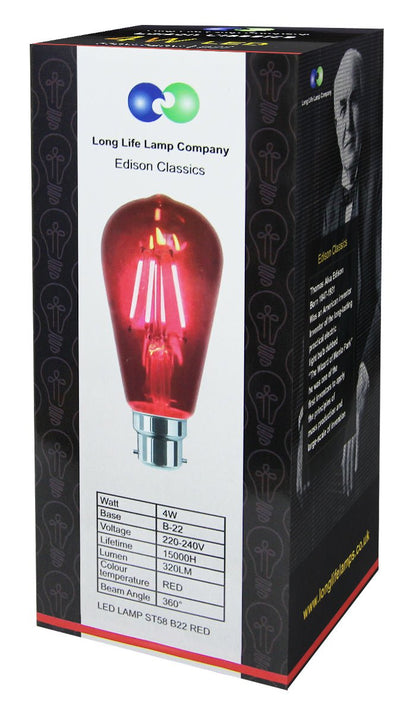 4w Red LED Vintage Filament Light Bulb B22 Clear Glass ST58 Ambient Lighting - Energy Light Bulbs - Free delivery on all orders