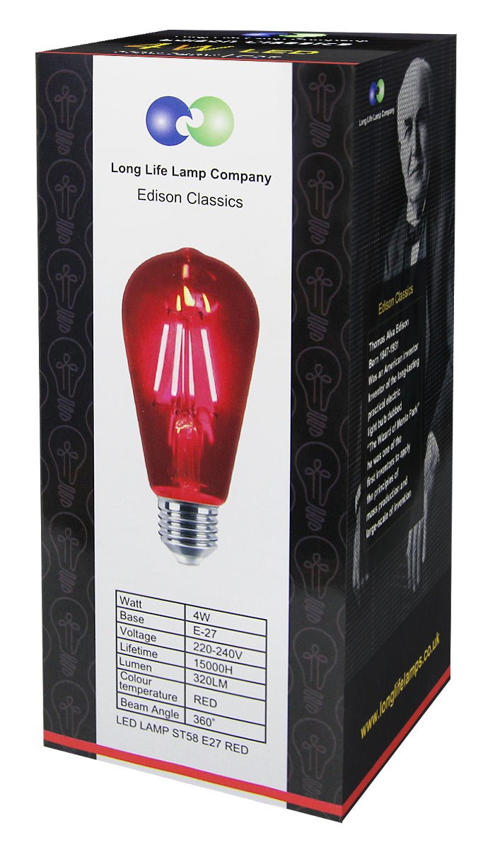 4w Red LED Vintage Filament Light Bulb E27 Clear Glass ST58 Ambient Lighting - Energy Light Bulbs - Free delivery on all orders