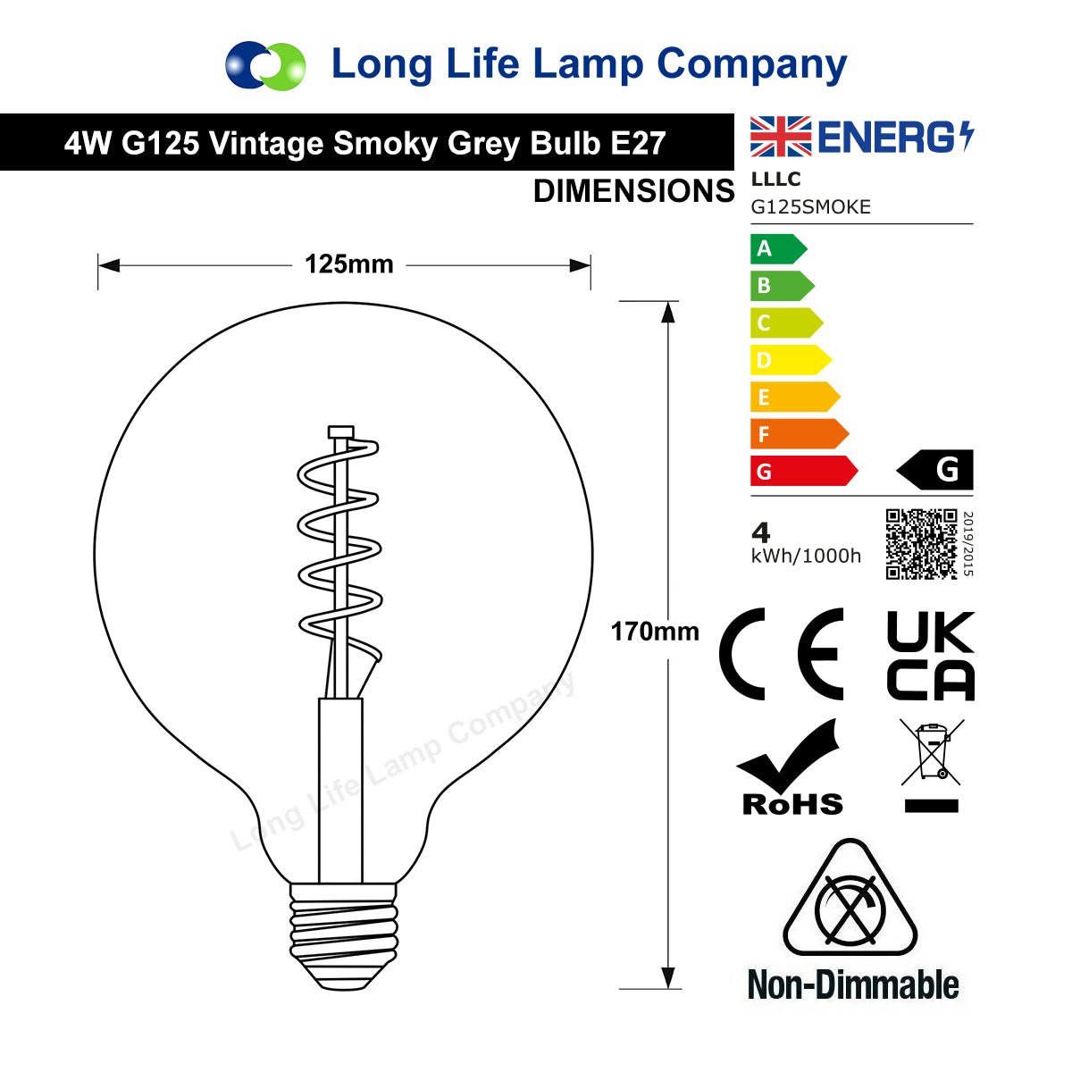 4w Vintage LED G125 Bulb E27 Spiral Filament Smoke Grey - Free delivery on all orders