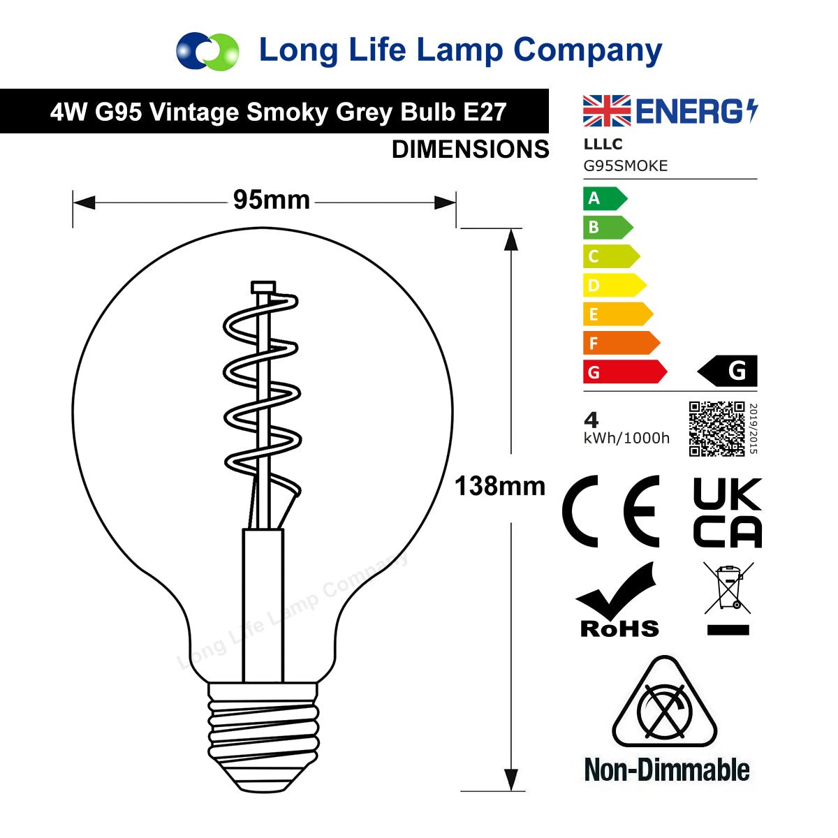 4w Vintage LED G95 Bulb E27 Spiral Filament Smoke Grey - Free delivery on all orders