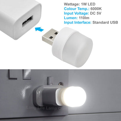 5 Pack - Mini USB Light 1w LED Night Light Cool White Bright Glow Lamp - Energy Light Bulbs - Free delivery on all orders