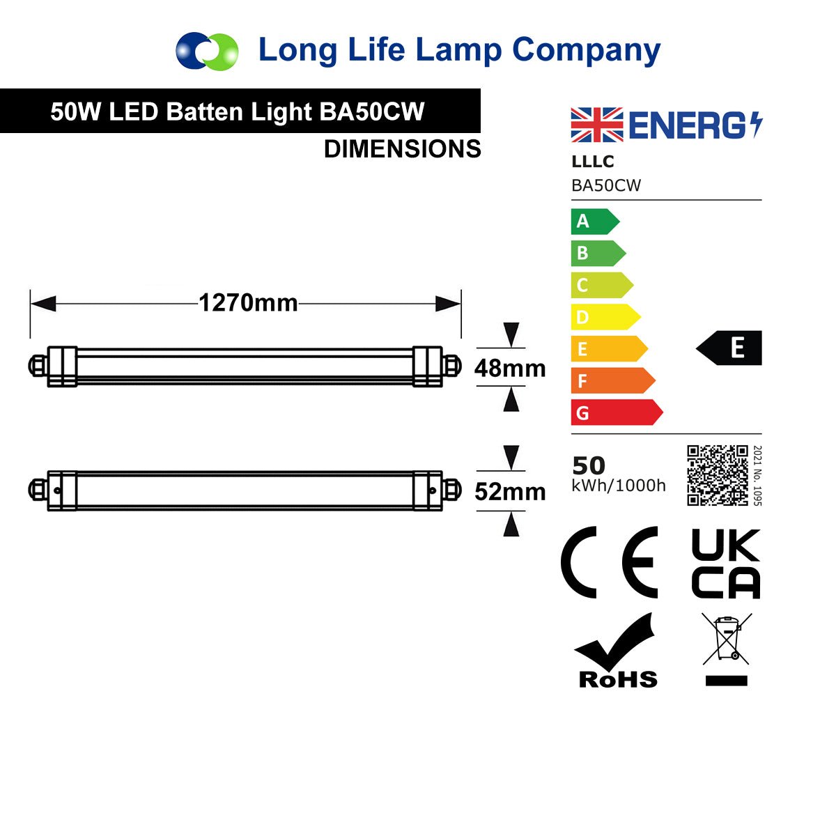 50W LED Batten Light IP65 Rated Cool White 6500K White Diffuser - Energy Light Bulbs - Free delivery on all orders