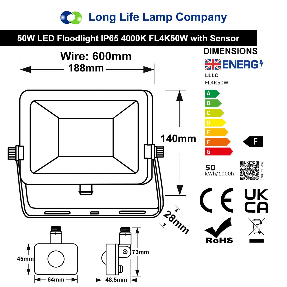50W LED Floodlight Black Natural White 4000K with Detachable PIR Sensor - Energy Light Bulbs - Free delivery on all orders