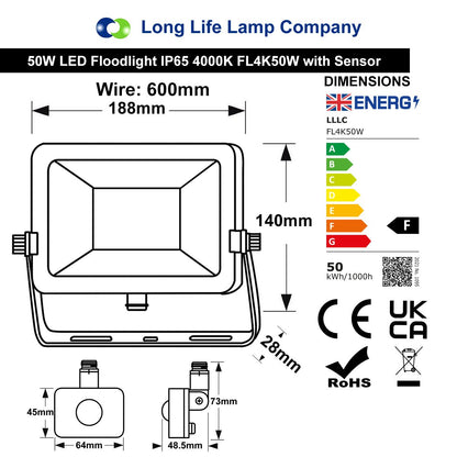 50W LED Floodlight Black Natural White 4000K with Detachable PIR Sensor - Energy Light Bulbs - Free delivery on all orders