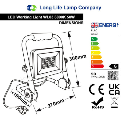 50W LED Portable Flood Work Light 240V IP65 6000K - Energy Light Bulbs - Free delivery on all orders