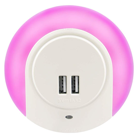 1w Pink LED Night Light 2 USB Ports Automatic Sensor Dusk To Dawn A78B