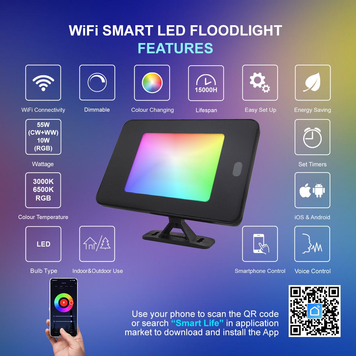 55W LED RGB Flood Lights WiFi Smart Colour Changing IP65 Outdoor Waterproof App Controlled FL05 - Energy Light Bulbs - Free delivery on all orders