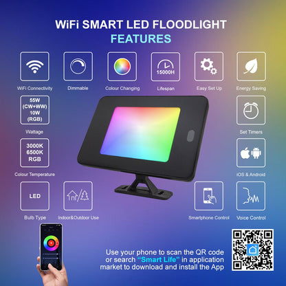55W LED RGB Flood Lights WiFi Smart Colour Changing IP65 Outdoor Waterproof App Controlled FL05 - Energy Light Bulbs - Free delivery on all orders