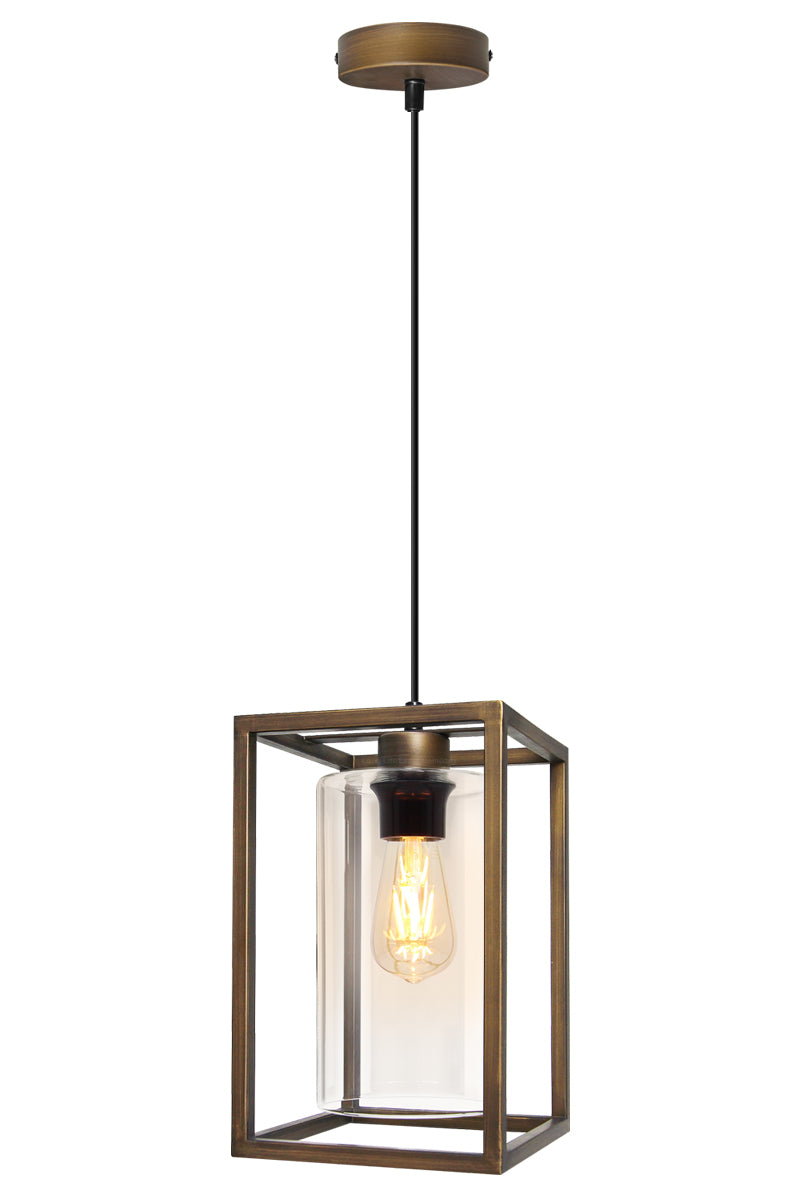 E27 Antique Brass Box Lantern Pendant Light 60W Clear Glass
