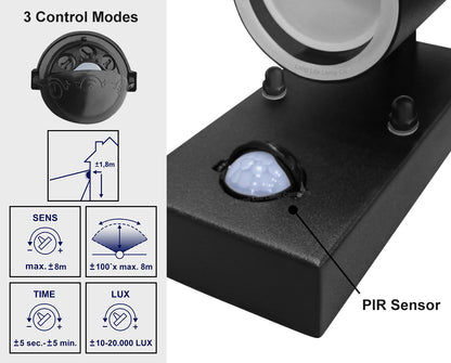 Black 8W, 10W, 12W LED GU10 PIR Movement Sensors Up and Down Wall Light