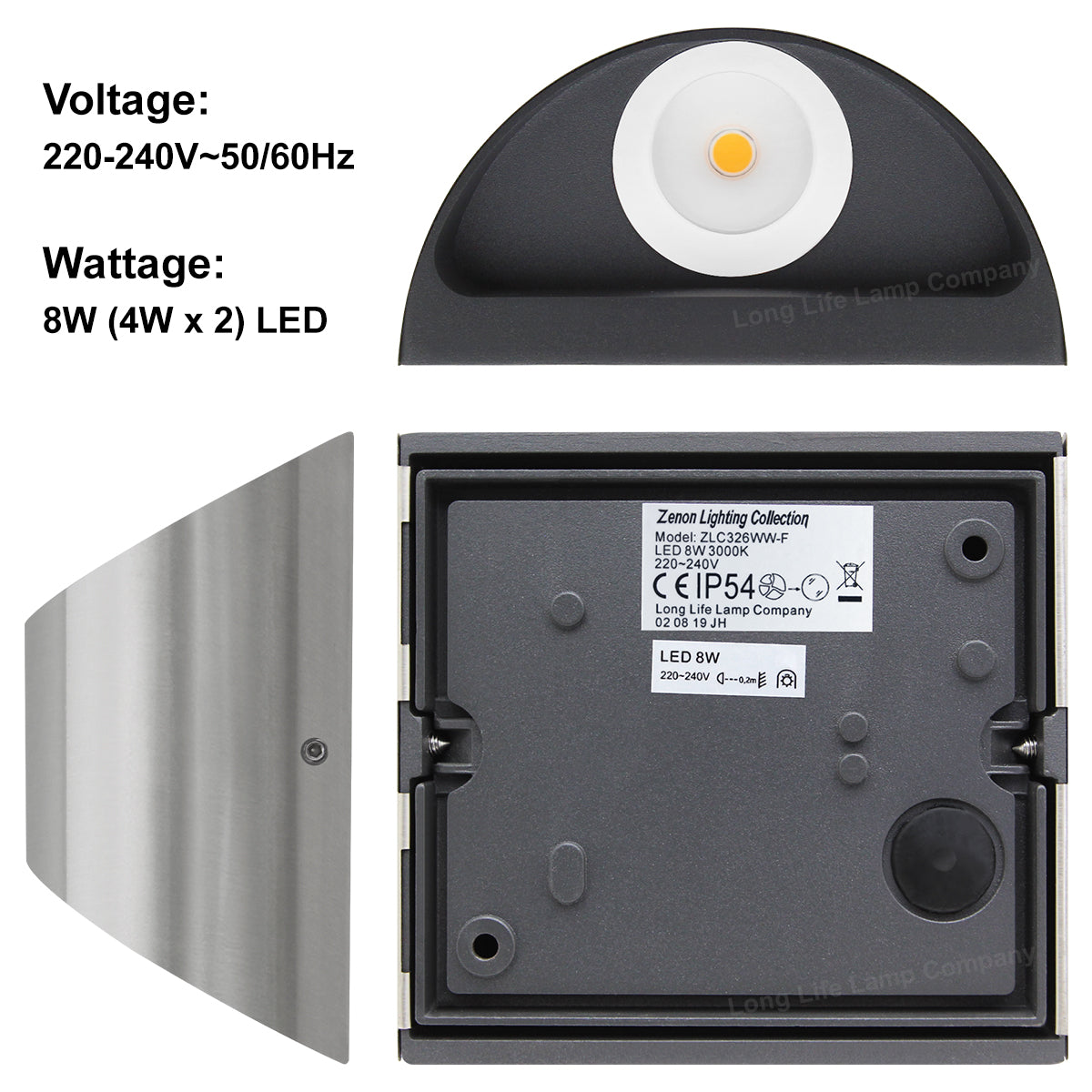 8W LED Outdoor Wall Light Warm White Stainless Steel IP54