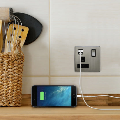 1 Gang USB Switch Socket 13A Twin Port Brushed Chrome Single Plug Wall Outlet N501DME