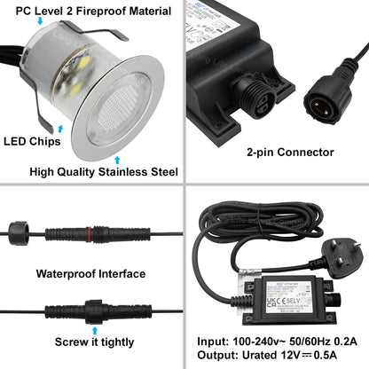 IP68 Outdoor LED Decking Lights 30mm Round Cool White 6500k 10 Kit DEC10CW