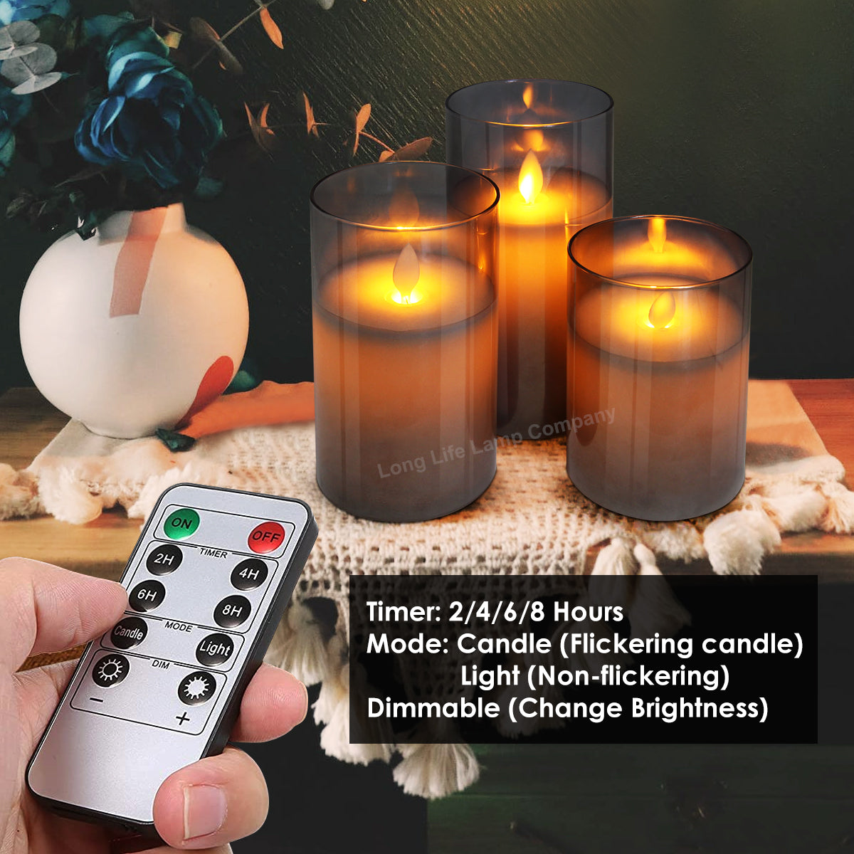 Set Of 3 USB Rechargeable LED Wax Smoked Grey Glass Flameless Candles With Remote Control