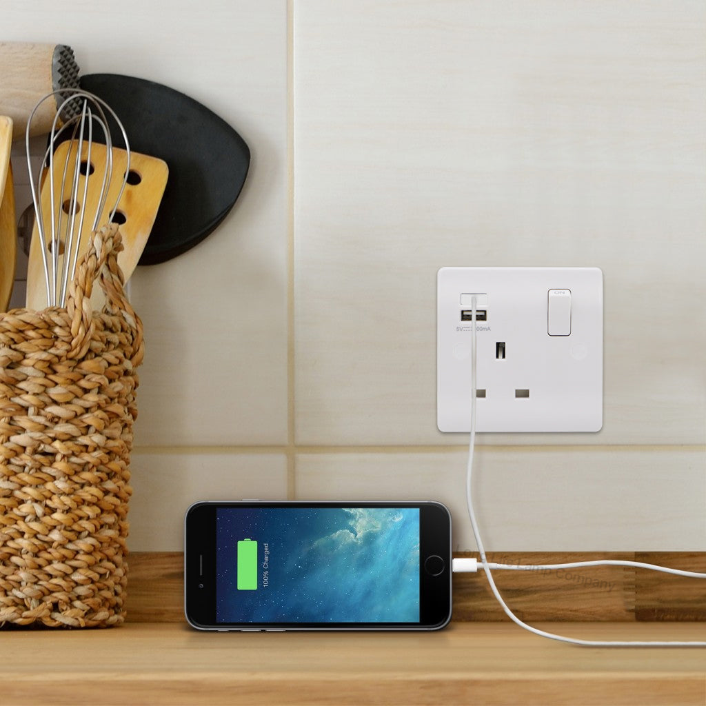 1 Gang USB Switch Socket 13A Twin Port White Single Plug Wall Outlet USBW1S - Free delivery on all orders