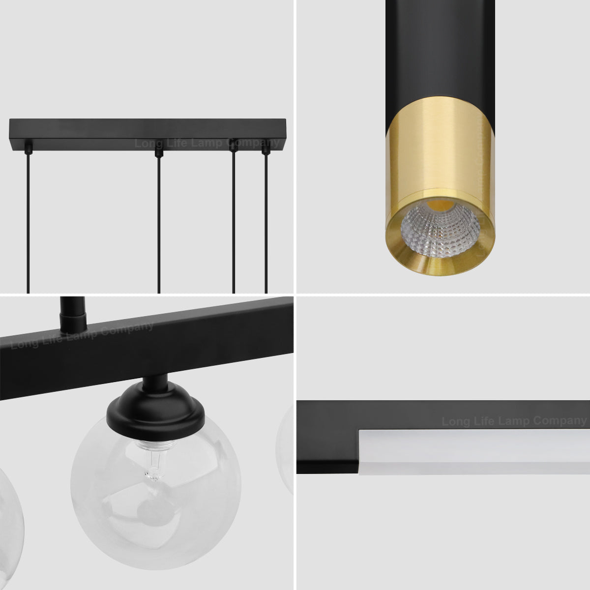 LED Bar 5 Light Black Ceiling Pendant Light Mini Glass Globes Slim Tubular