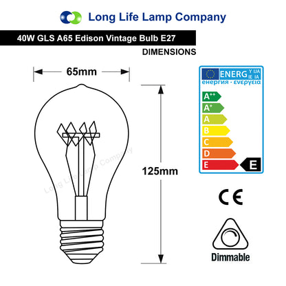 40w Vintage Light Bulb Edison E27 Edison Screw A65 GLS Warm White - Free delivery on all orders