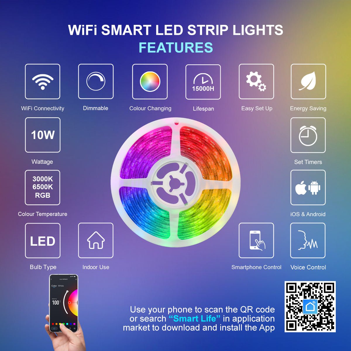 5M Smart WiFi RGB LED Strip Lights Plug and Play Kit Dimmable with IR Remote App Controlled - Energy Light Bulbs - Free delivery on all orders
