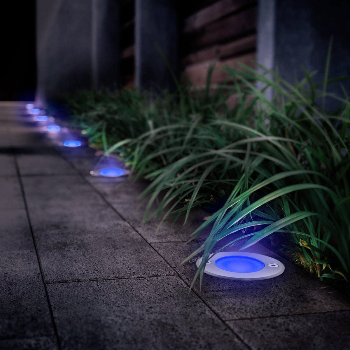 5w LED Outdoor Ground Walkover Light Round Blue Brushed Chrome Finish Recessed Uplighter - Energy Light Bulbs - Free delivery on all orders