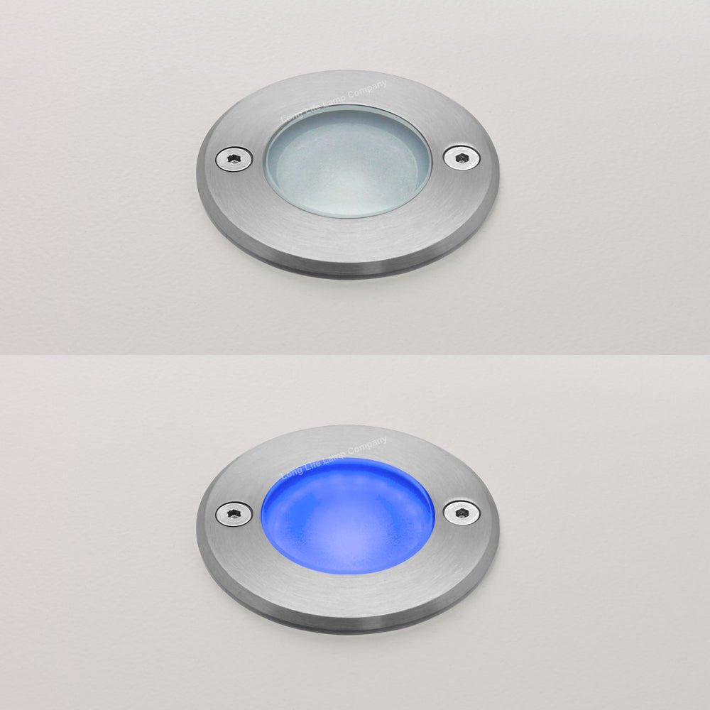 5w LED Outdoor Ground Walkover Light Round Blue Brushed Chrome Finish Recessed Uplighter - Energy Light Bulbs - Free delivery on all orders