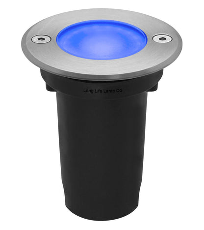 5w LED Outdoor Ground Walkover Light Round Blue Brushed Chrome Finish Recessed Uplighter - Energy Light Bulbs - Free delivery on all orders