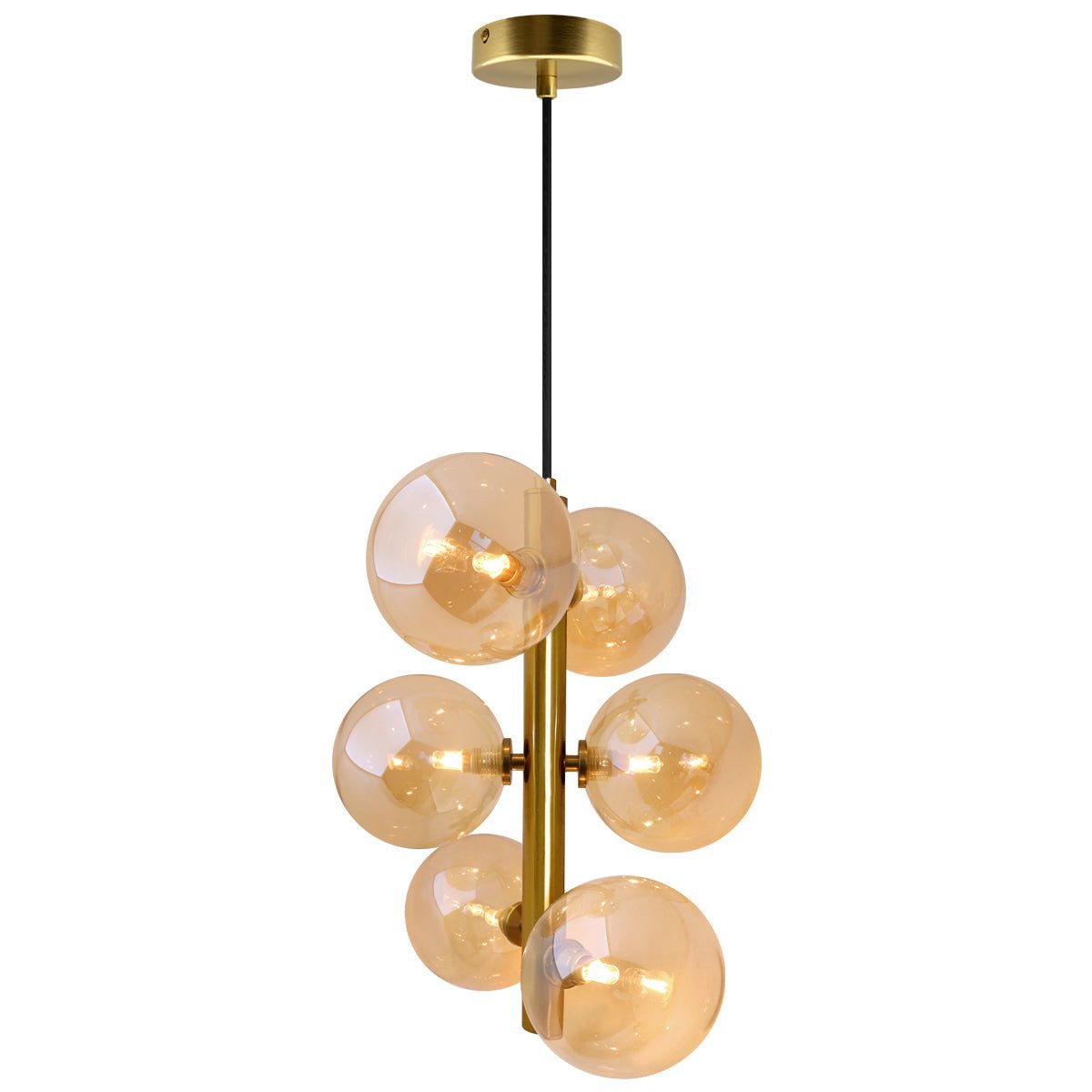 6 Cluster Amber Glass Globe Lamp Shades Brass Ceiling Pendant Light - Energy Light Bulbs - Free delivery on all orders