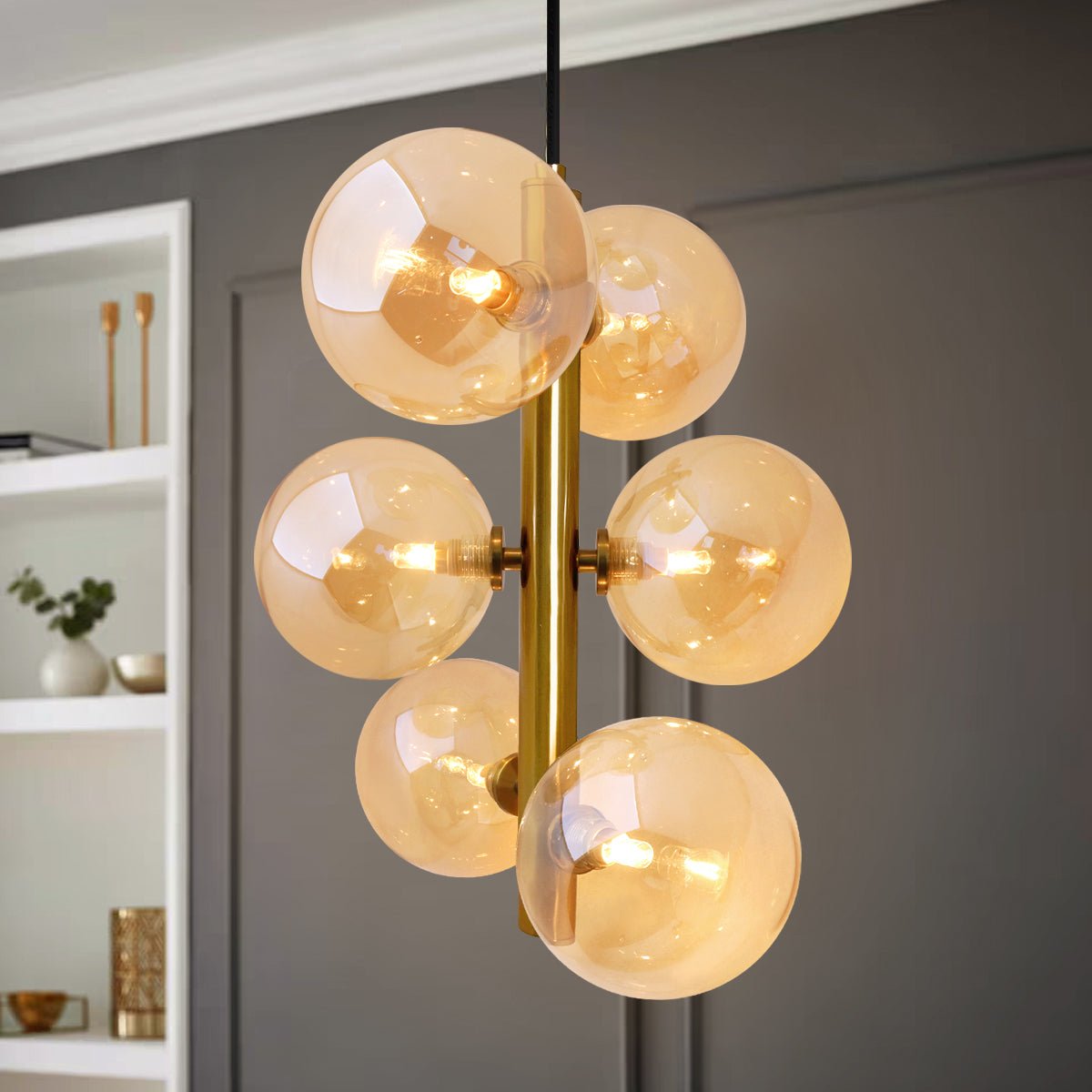 6 Cluster Amber Glass Globe Lamp Shades Brass Ceiling Pendant Light - Energy Light Bulbs - Free delivery on all orders