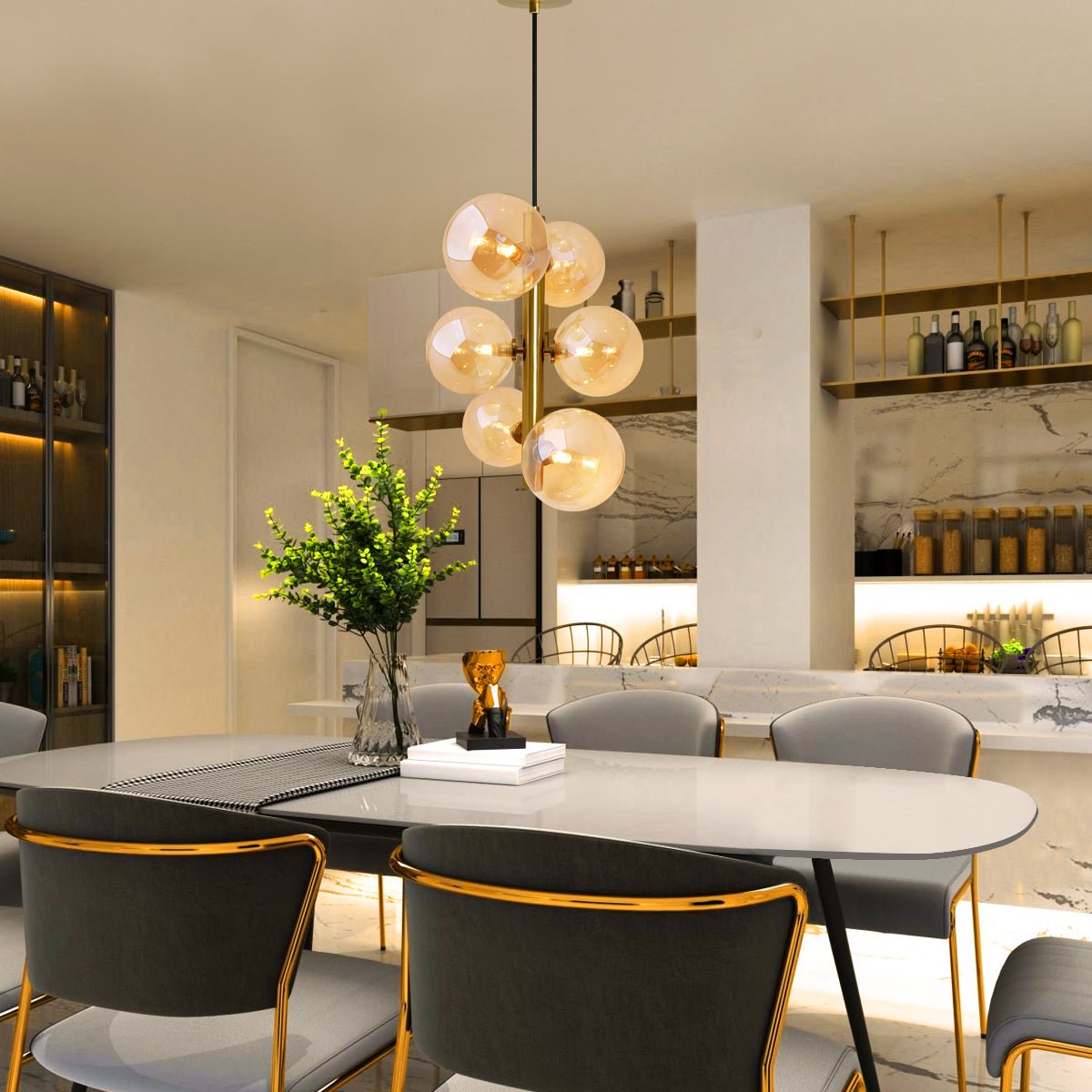 6 Cluster Amber Glass Globe Lamp Shades Brass Ceiling Pendant Light - Energy Light Bulbs - Free delivery on all orders
