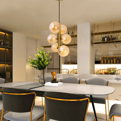 6 Cluster Amber Glass Globe Lamp Shades Brass Ceiling Pendant Light - Energy Light Bulbs - Free delivery on all orders
