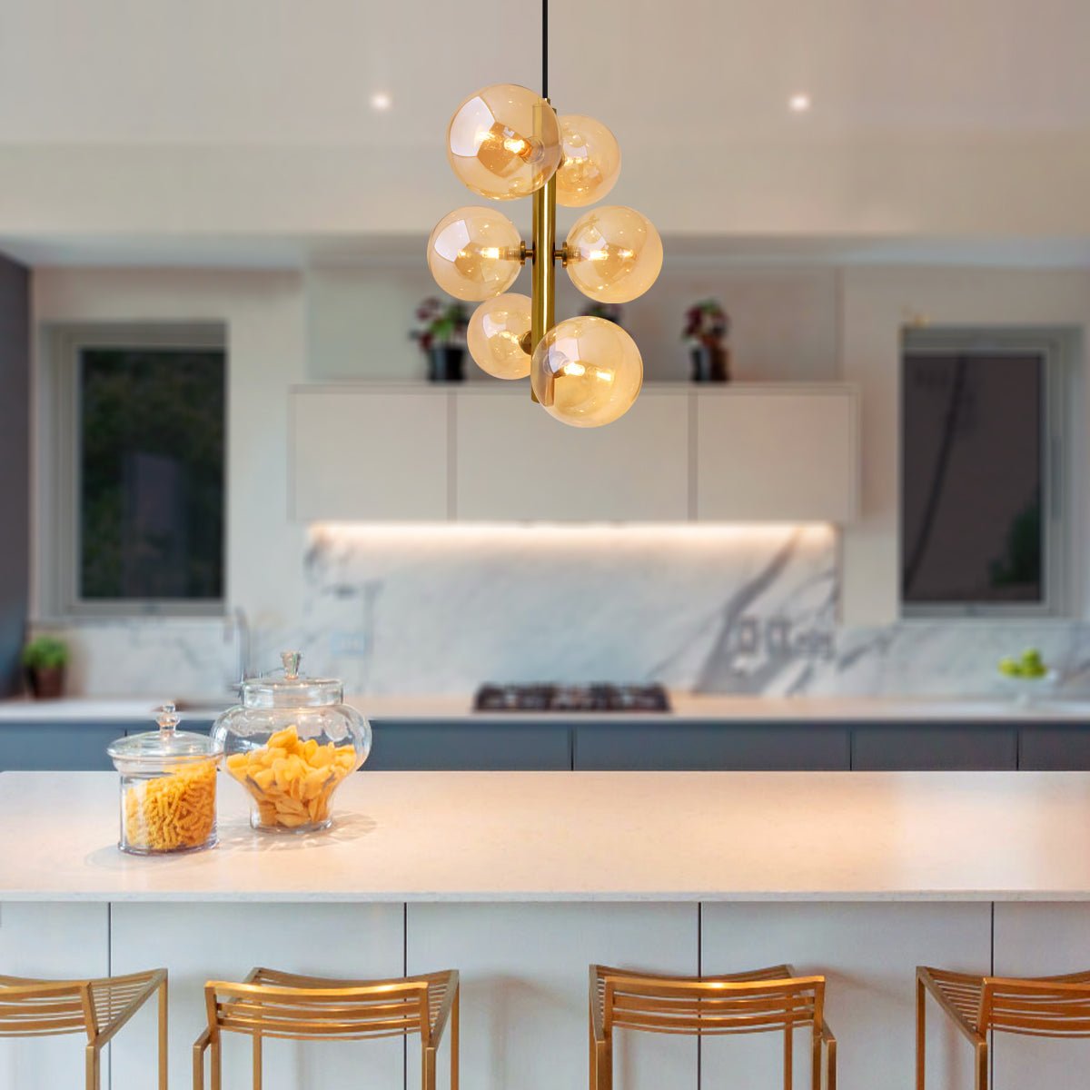6 Cluster Amber Glass Globe Lamp Shades Brass Ceiling Pendant Light - Energy Light Bulbs - Free delivery on all orders