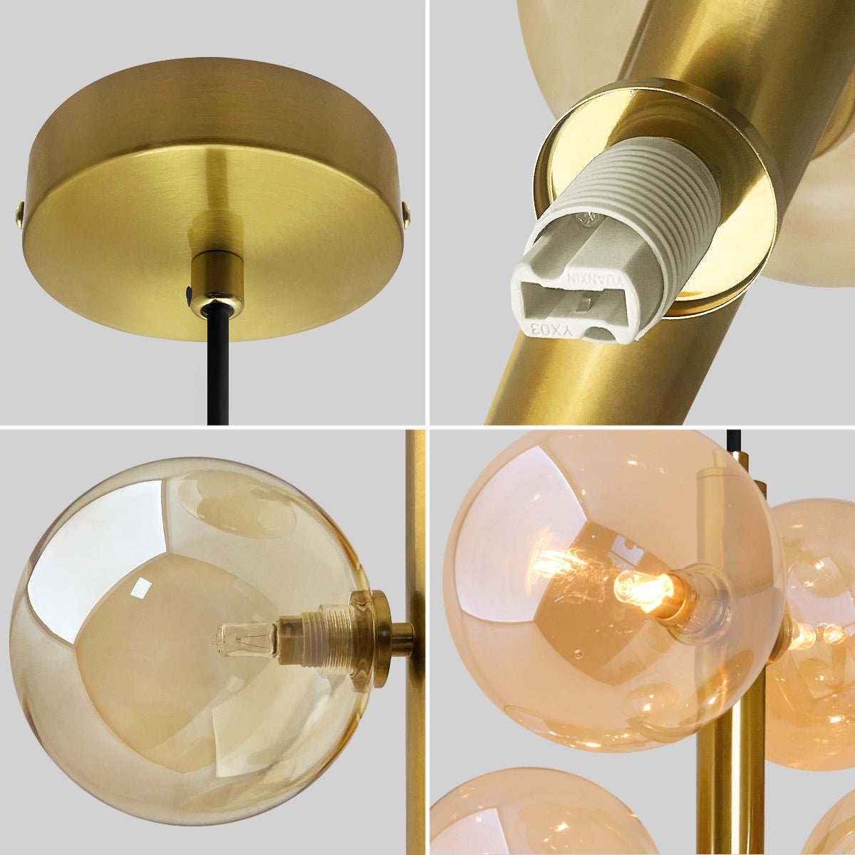 6 Cluster Amber Glass Globe Lamp Shades Brass Ceiling Pendant Light - Energy Light Bulbs - Free delivery on all orders