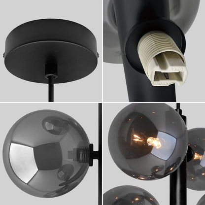 6 Cluster Smoked Grey Glass Globe Lamp Shades Black Ceiling Pendant Light - Energy Light Bulbs - Free delivery on all orders