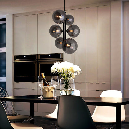 6 Cluster Smoked Grey Glass Globe Lamp Shades Black Ceiling Pendant Light - Energy Light Bulbs - Free delivery on all orders