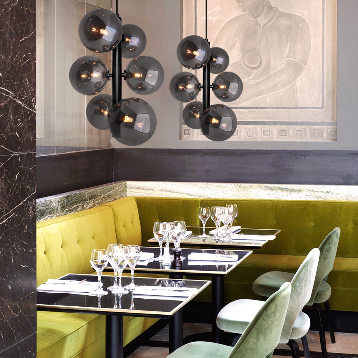 6 Cluster Smoked Grey Glass Globe Lamp Shades Black Ceiling Pendant Light - Energy Light Bulbs - Free delivery on all orders