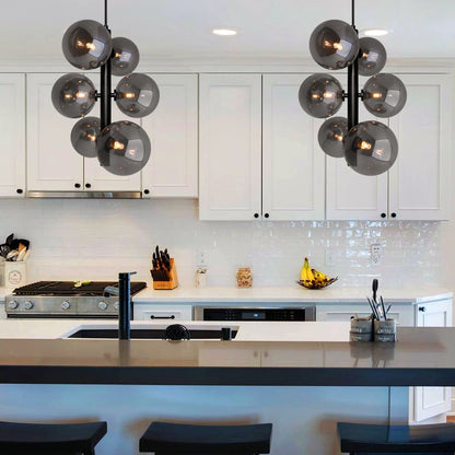 6 Cluster Smoked Grey Glass Globe Lamp Shades Black Ceiling Pendant Light - Energy Light Bulbs - Free delivery on all orders
