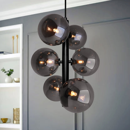 6 Cluster Smoked Grey Glass Globe Lamp Shades Black Ceiling Pendant Light - Energy Light Bulbs - Free delivery on all orders